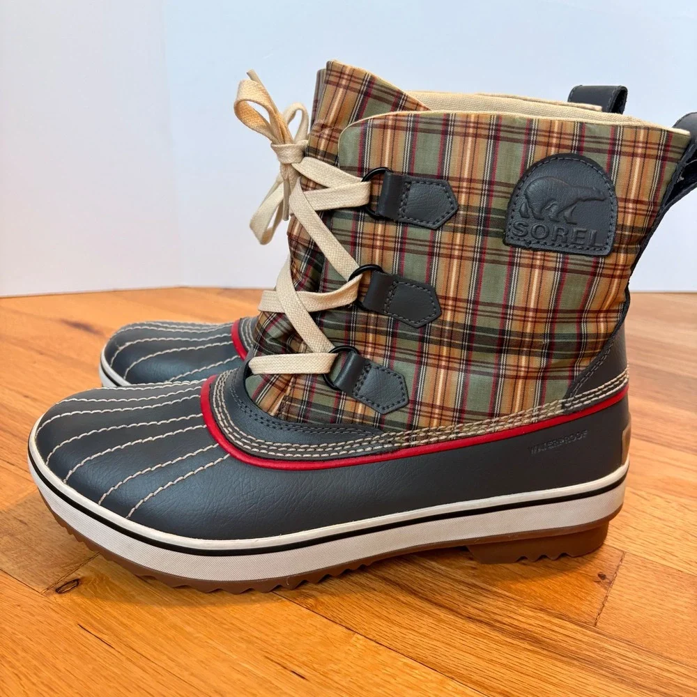 Sorel Tivoli Plaid Waterproof Winter Boots Blue Grey Tan Size 10